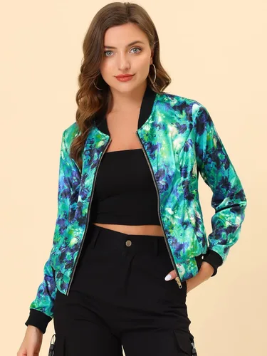 Vista 2 de Allegra K Campera abombada informal, con estampado floral, con cierre, con cuello levantado, de mangas largas, para mujer.