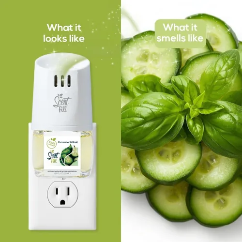 Vista 5 de Scent Fill Ambientador enchufable 100% natural de pepino y albahaca, recargas de aceite perfumado, paquete de 3 recargas