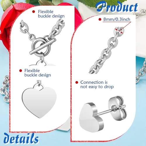 Vista 5 de Juego de 3 piezas de joyería de corazón, collar con dije de corazón, collar de cadena de corazón, pulsera de corazón, aretes de tuerca de acero