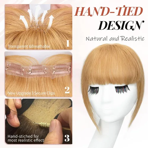 Vista 3 de Flequillo con clip, 100% cabello humano real, 3 clips de seguridad, flequillo francés, flequillo falso natural y sin costuras para mujer, rubio