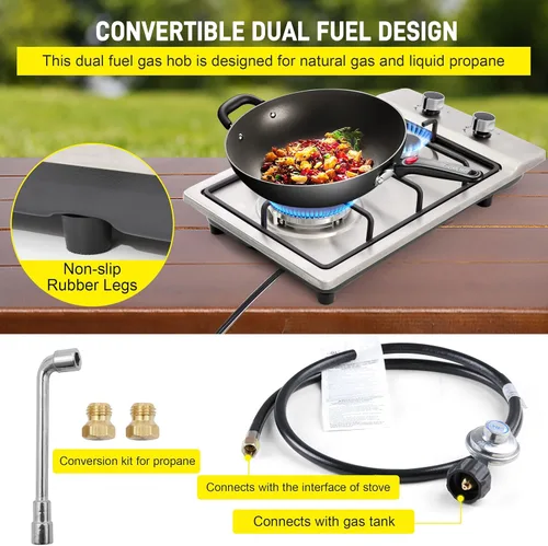 Vista 5 de Cocina de gas de 12 pulgadas, estufa de gas integrada de 2 quemadores de acero inoxidable con kit de conversión de NG/LPG, protección de termopar