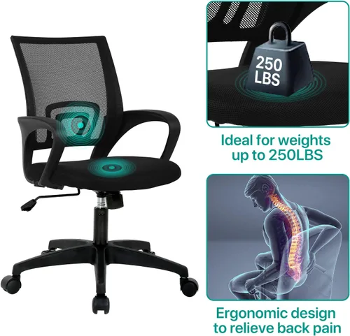 Vista 5 de HHS Silla de oficina ergonómica, silla de escritorio de malla con respaldo medio, silla de computadora con soporte lumbar, silla ejecutiva con Negro