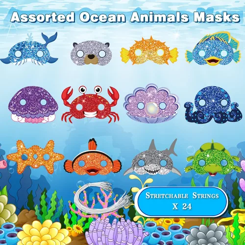 Vista 2 de Minatee 24 máscaras para niños bajo el mar, océano, animales, cumpleaños, divertidas máscaras para niños, suministros de fiesta bajo el mar, océano