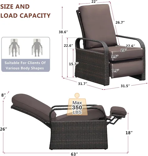 Vista 2 de Babylon Sillón reclinable de mimbre para exteriores, silla reclinable ajustable para patio con cojines de 14 cm de grosor y otomana, resistente a