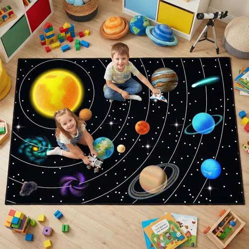 Vista 11 de Alfombra espacial para habitación de niños, alfombra de galaxia para niños, alfombras espaciales para dormitorio de niños, decoración