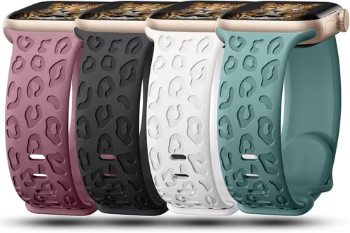 Vista 6 de CreateGreat - Paquete de 4 bandas grabadas con diseño de leopardo compatibles con Apple Watch para mujeres de 38mm 40mm 41mm 42mm 44mm 45mm 46mm