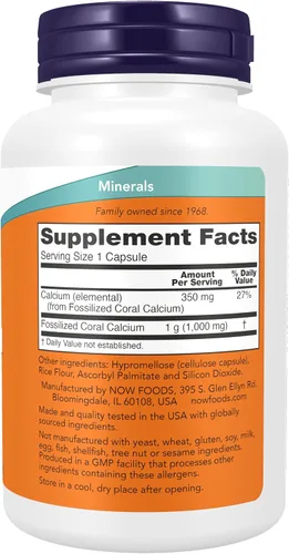 Vista 2 de NOW Suplementos, Calcio Coral 1,000 mg, Salud ósea*, Balance de pH saludable*, 100 cápsulas vegetales