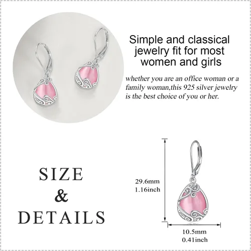 Vista 12 de Aretes colgantes con forma de lágrima de filigrana de piedra lunar de plata de ley 925 con cierre de palanca para mujer, regalos de joyería