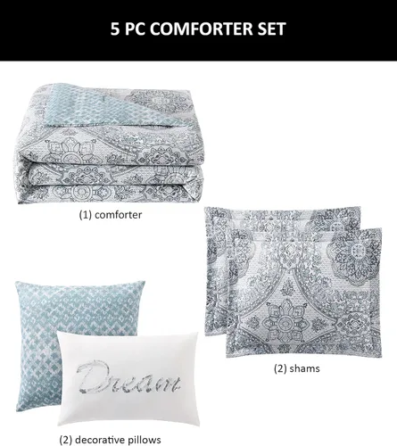 Vista 3 de Boho Living Juego de edredón, ropa de cama Picadilly Queen, juego de 5 piezas, incluye edredón reversible, 2 almohadas decorativas y 2 fundas