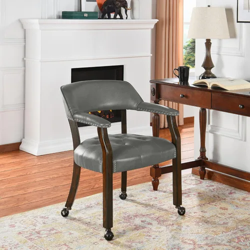 Vista 10 de Silla de comedor con ruedas y brazos, sillas de póker de PU, gris antiguo