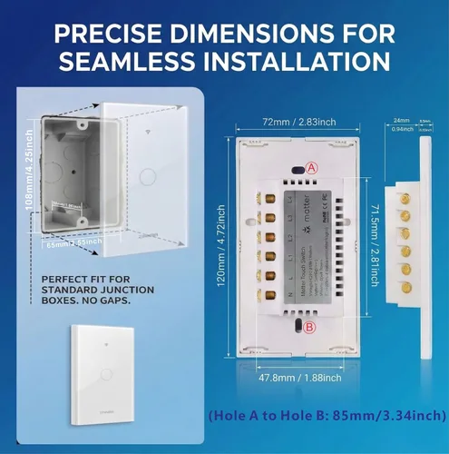 Vista 6 de Interruptor de luz de pared táctil inteligente con Matter, panel de vidrio templado, requiere cable neutro, unipolar, Wi-Fi de 2.4 GHz, control por