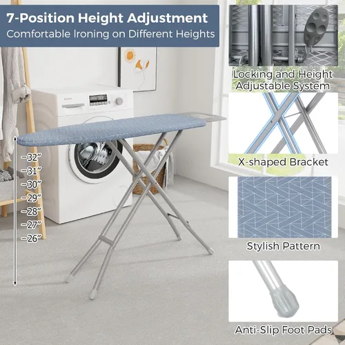 Vista 3 de COSTWAY Tabla de planchar con soporte de hierro, soporte de hierro de tamaño completo con 3 capas de cubierta extra gruesa, 7 alturas ajustables