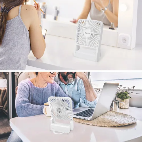 Vista 7 de ELZO Ventilador de viaje, mini ventilador de escritorio plegable, funciona con pilas, 3 velocidades ajustables de inclinación de 225°, ventilador