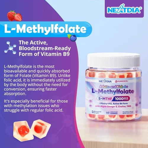Vista 8 de L-metilfolato de 1000 mcg + gomitas de metilo B12 para niños y adultos – Activo 5-MTHF, con Omega-3 DHA y EPA (3:1), colina y TMG, B6, apoya el gen