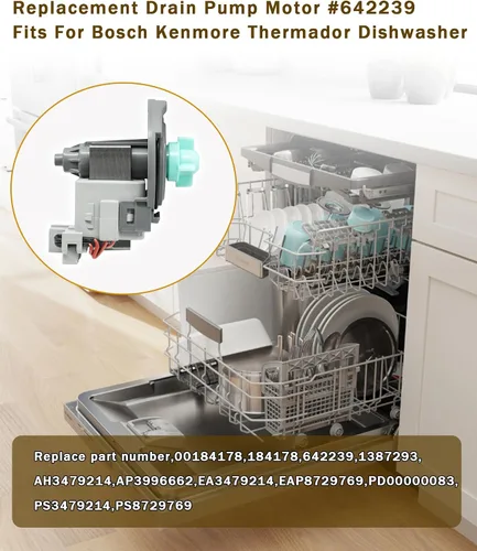 Vista 2 de 642239 Bomba de drenaje para lavavajillas Bosch Kenmore Thermador, sustituye a 00184178, 184178, 00642239, 1387293, AH3479214, AP3996662, EA3479214