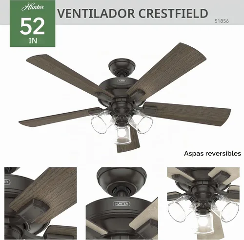 Vista 11 de Hunter Crestfield, ventilador de techo, para interiores, 5 aspas, 52 bronce noble