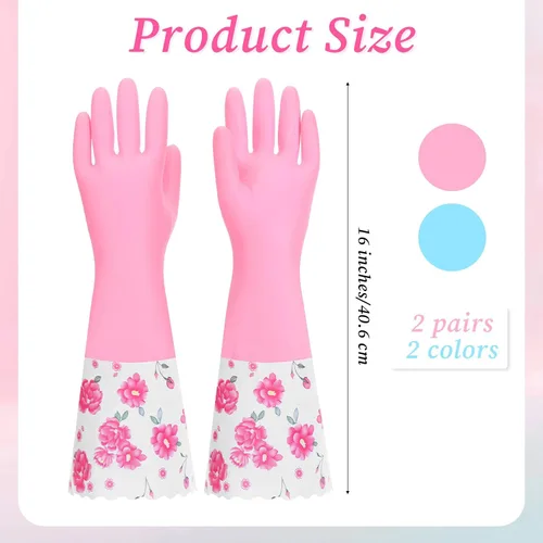 Vista 2 de 2 pares de guantes de limpieza de goma para el hogar, cocina, lavavajillas, guantes de puño largo con forro flocado de algodón, reutilizables