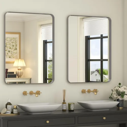 Vista 56 de Paquete de 2 espejos de baño con marco de metal negro de 22 x 30 pulgadas, espejo rectangular redondeado negro mate, antioxidante, se cuelga