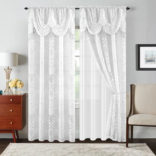 Vista 19 de Petrichor Cortinas de gasa jacquard transparente borgoña (54 pulgadas de ancho x 63 pulgadas de largo), 2 paneles con cenefa adjunta, diseño floral