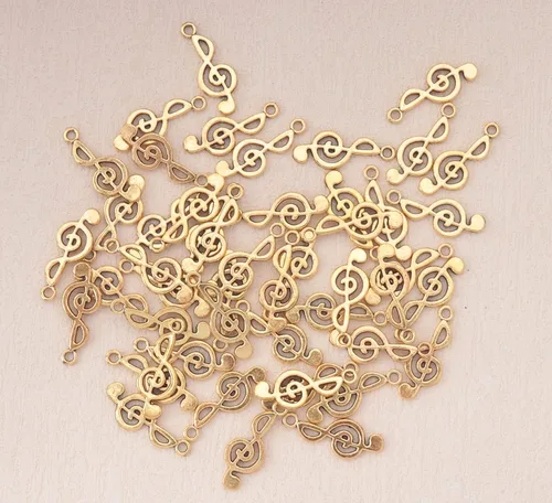 Vista 2 de 50 piezas de dijes de notas musicales de metal, símbolo de música vintage, elegante, elegante, instrumento, cuentas colgantes para manualidades