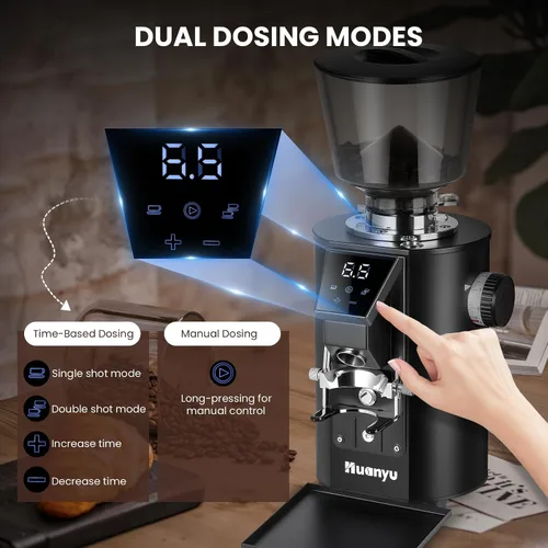 Vista 11 de Huanyu Molinillo de café comercial - Control de pantalla táctil, 8 ajustes de molienda, rebaba plana de 2.520 in, modos de dosificación dual