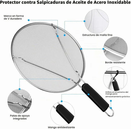Vista 3 de Pantalla contra salpicaduras para sartén, 9.8 pulgadas, 11.4 pulgadas, 13 pulgadas, malla fina de acero inoxidable, protector contra salpicaduras