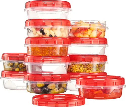 Vista 12 de PLASTICPRO Paquete de 6 recipientes de almacenamiento de alimentos con tapa giratoria con rosca roja, recipientes reutilizables de 4 onzas