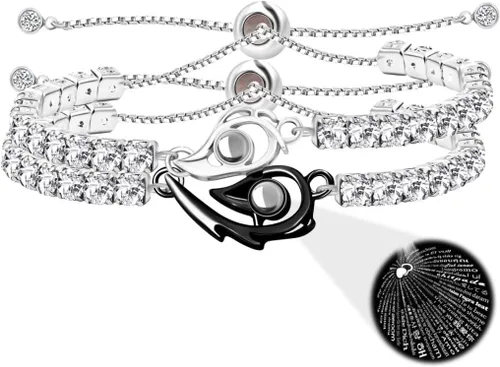 Vista 9 de Pulseras de proyección en 100 idiomas con texto en inglés "I Love You", 2 pulseras a juego con rompecabezas de corazón de amor de 0.118 in