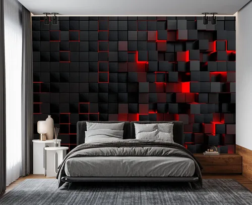 Vista 39 de Papel tapiz mural de pared 3D de metal rojo y negro para dormitorio, 137" x 100
