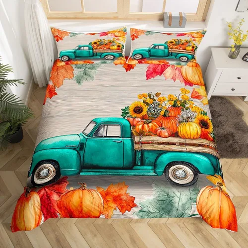 Vista 4 de Fall Harvest Kids Duvet Cover Set Twin Size,Cartoon Truck Pumpkin Sunflower Bedding Set,Boys Girls Bedroom Decor,Wooden Plank Maple Comforter