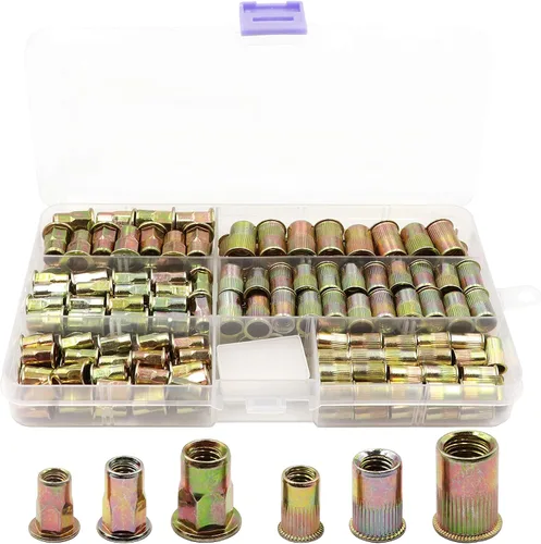 Vista 4 de LBY Kit surtido de 170 tuercas remachables de acero al carbono, M4/M5/M6/M8 (cabeza avellanada pequeña y mitad hexagonal), acero al carbono chapado