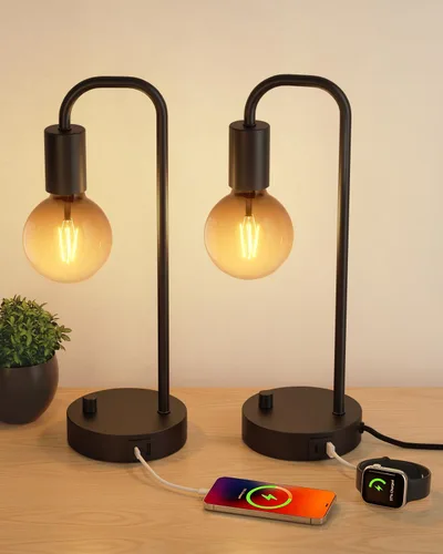 Vista 10 de ONEWISH Lámpara de mesa industrial para dormitorio, lámparas de noche modernas totalmente regulables con bombilla de luz cálida de 2700K