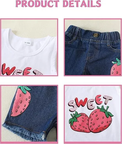 Vista 4 de Mikrdoo Ropa para bebé niña pequeña, trajes de verano camisas, tops rasgados pantalones cortos de mezclilla conjunto de ropa para niña pequeña