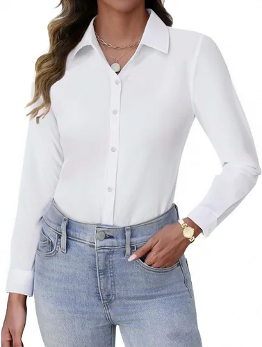 Vista 2 de HOTOUCH Camisas con botones para mujer, de manga larga, elásticas, sin arrugas, blusas de trabajo, ajustadas, para la oficina