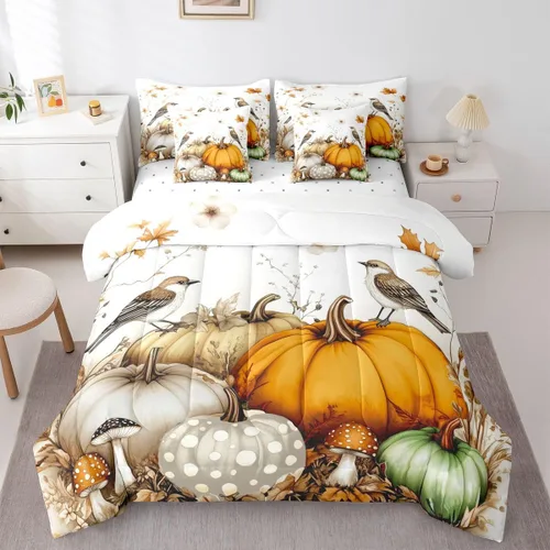 Vista 17 de Feelyou Fall Pumpkin Comforter Set with Sheets 7 Piece Twin Size Autumn Bed in a Bag Kids Boys Girls Pumpkin Maple Leaf Bedding Set Hummingbird Beig