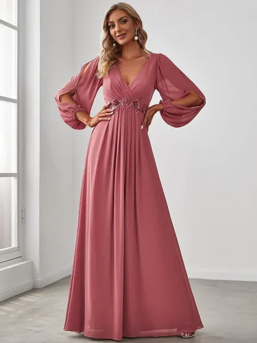 Vista 4 de Ever-Pretty Women's V Neck Long Sleeves Floor Length Ruched Chiffon Formal Dress 00461