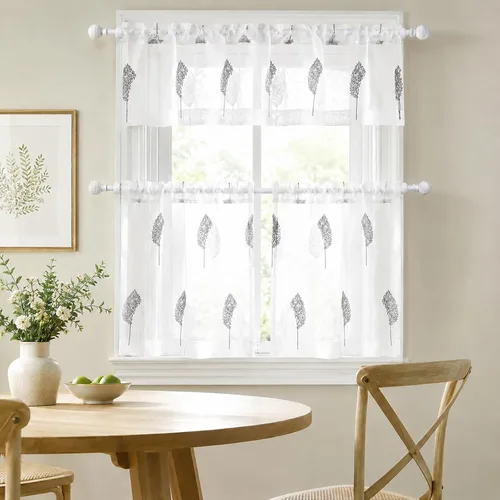 Vista 2 de VOGOL Juego de cortinas transparentes bordadas y cenefas para sala de estar, con bolsillo para barra blanca, par de cortinas traslúcidas