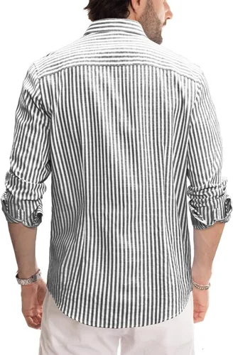 Vista 2 de JMIERR Camisas de algodón para hombre, camisa de vestir a rayas con botones y manga larga