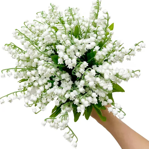 Vista 8 de Qivine 6 flores artificiales de lirio de los valles, orquídea blanca y blanca, planta de lirio del valle, ramo de boda, flores de látex, flora