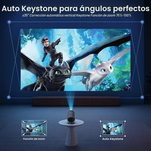 Vista 3 de Miniproyector portátil con WiFi y Bluetooth, soporte para proyector de películas 1080P HD, corrección trapezoidal automática, giratorio 180°, Grey