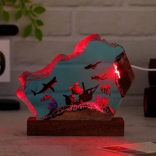 Vista 4 de Lámpara de luz multicolor de resina epoxi creativa del océano, hecha a mano, con forma de onda profunda, lámpara de océano acuático profundo