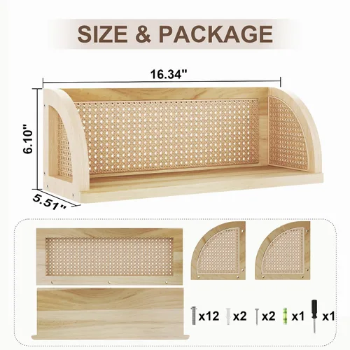 Vista 3 de Estante de pared de ratán de madera, estantes colgantes de 16 pulgadas de largo, estantes naturales montados en la pared, estante flotante fácil