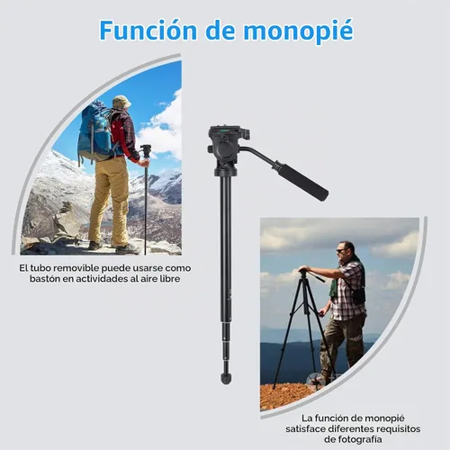 Vista 6 de Trípode de video de cabeza fluida, trípode estable con monopie 2 en 1, tornillos de 1/4 de pulgada con cabezal de arrastre fluido y bolsa