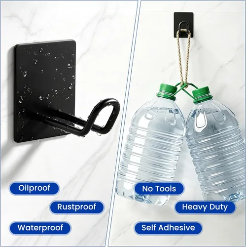 Vista 3 de Adhesive Hooks Heavy Duty, Long Stainless Steel Wall Towel Holder Black Double-tube