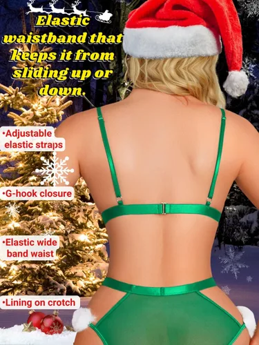 Vista 3 de Kaei&Shi Disfraz sexy de elfo de Navidad, ribete de piel mullida, overol de Papá Noel con entrepierna a presión