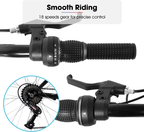 Vista 4 de HILAND 24 Bicicleta de montaña de 26 pulgadas para hombres o mujeres, cuadro de acero de alto carbono de 18 velocidades, bicicleta MTB de ciclismo