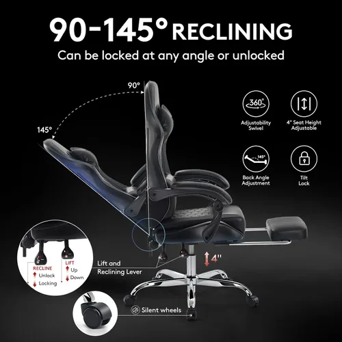 Vista 8 de Silla Gaming, Silla de Oficina para Computadora con Reposapiés, Soporte Lumbar de Masaje y Almohadilla de Gel, Silla Ergonómica Reclinable Ajustable