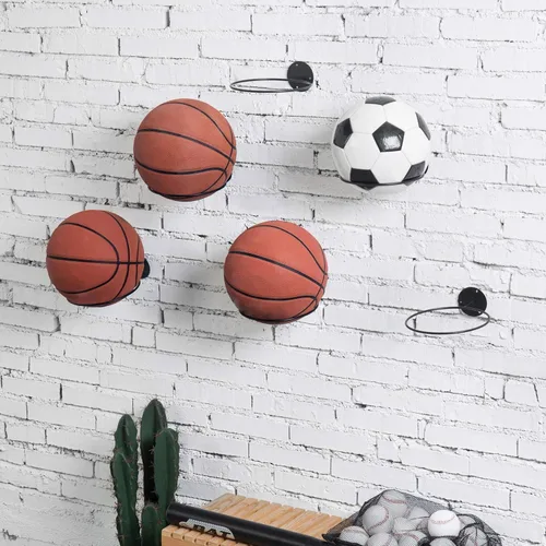 Vista 3 de MyGift Almacenamiento de bolas deportivas de metal negro montado en la pared, estante de exhibición redondo de 7 pulgadas para pelota de fútbol