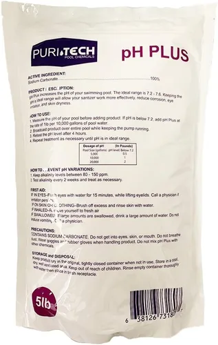 Vista 3 de Puri Tech Productos químicos pH Plus 5lb Bolsa resellable para piscinas y spas Aumento de pH Equilibrador 100% carbonato de sodio aumenta el pH