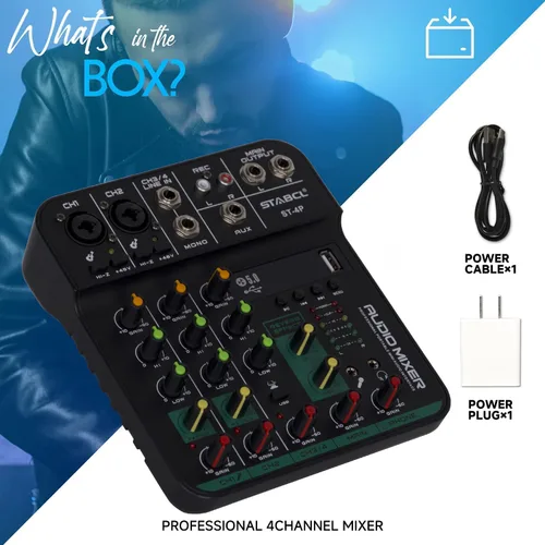 Vista 8 de Tablero mezclador de audio de 4 canales, consola de mezcla de tablero de sonido con USB digital Bluetooth 48V Phantom Power y Echo, pequeña interfaz